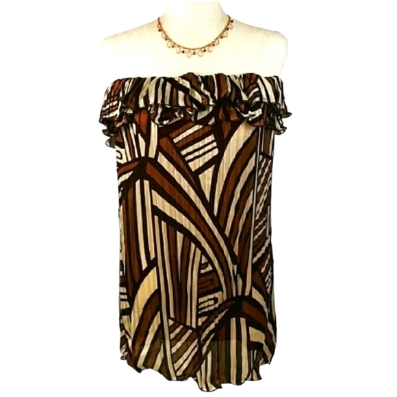 DeCo Brown and Gold Strapless Ruffle Neckline Dress - Picture 1 of 6